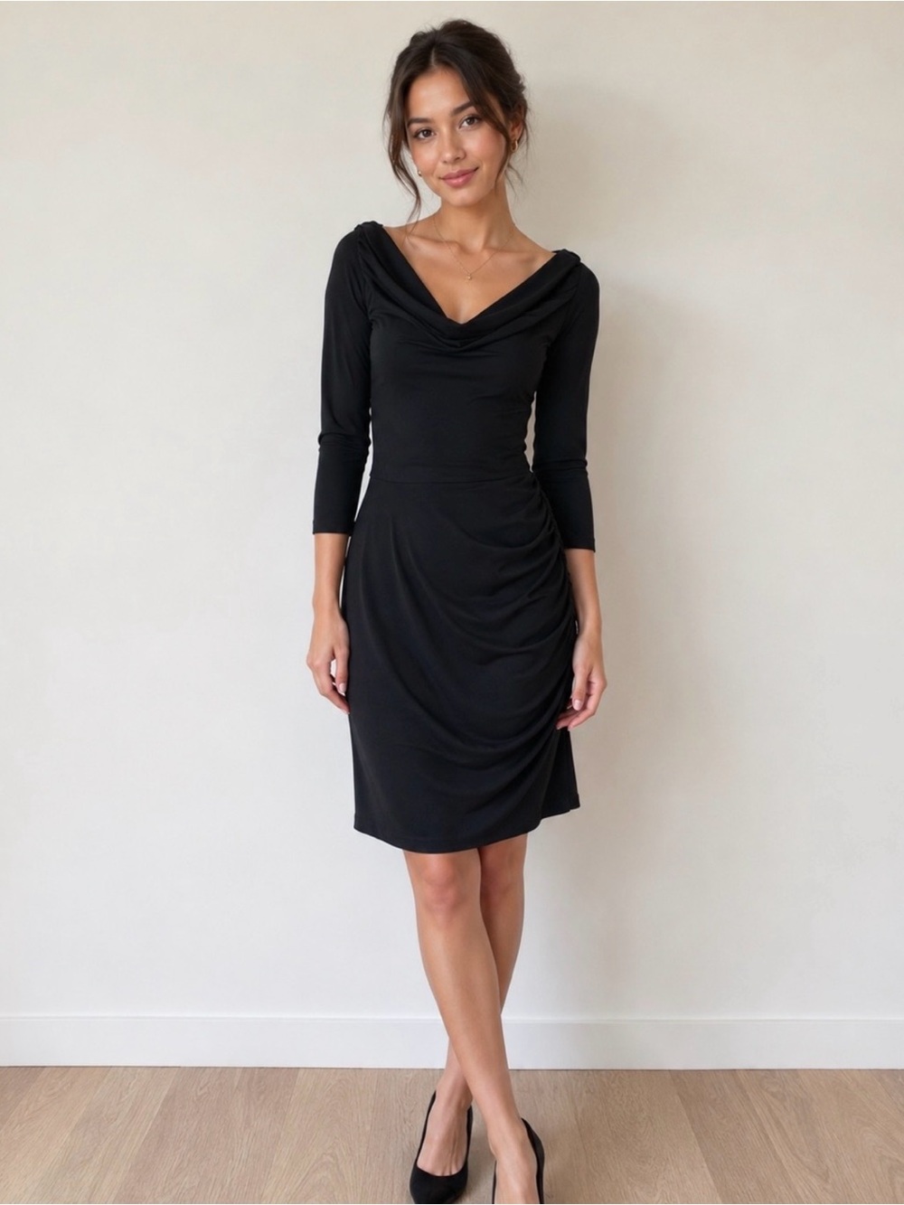 Tiana B Elegant Black Draped Cowl Neck Dress - Women